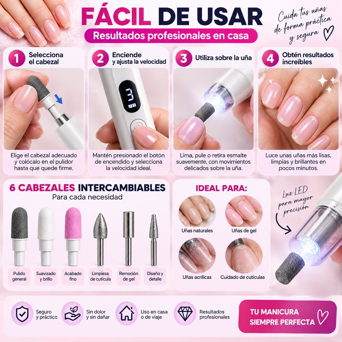 Pulidor de Uñas Eléctrico 2 en 1 con Luz