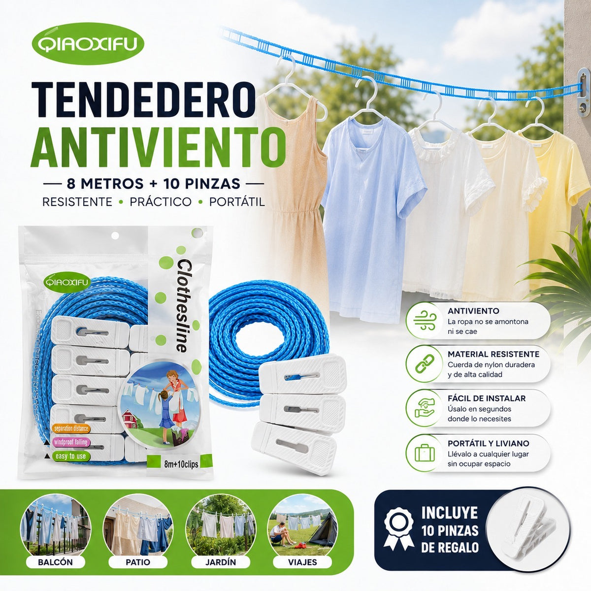 Tendedero Antiviento 8M + 10 Pinzas
