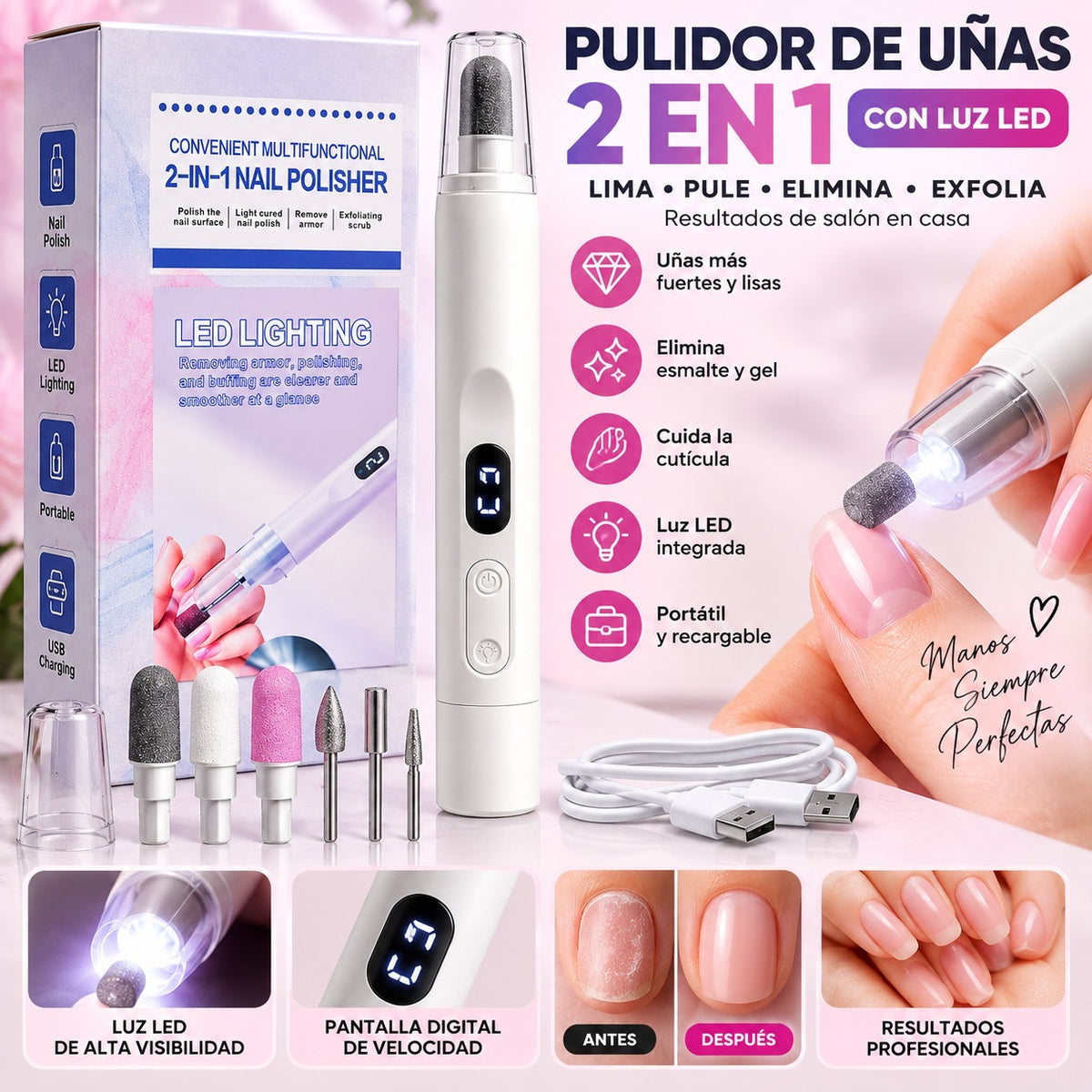 Pulidor de Uñas Eléctrico 2 en 1 con Luz