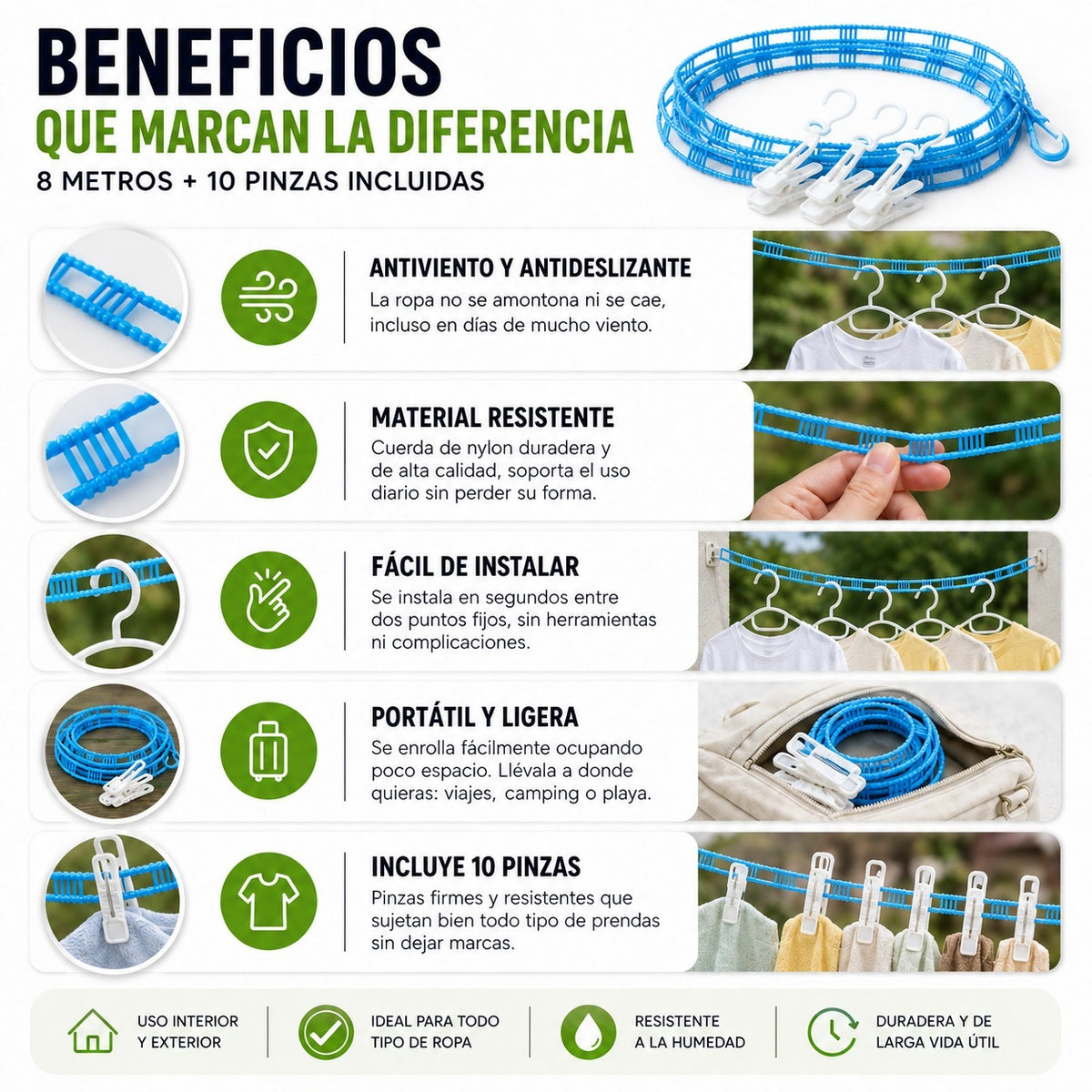Tendedero Antiviento 8M + 10 Pinzas